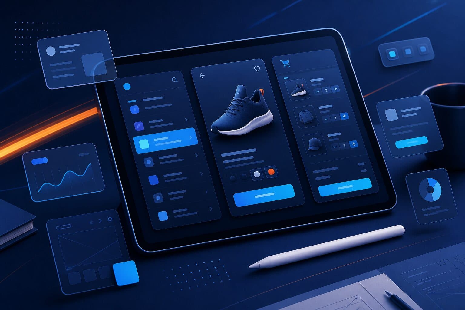 Illustration : tablette présentant des maquettes UI produit (liste, fiche, panier)