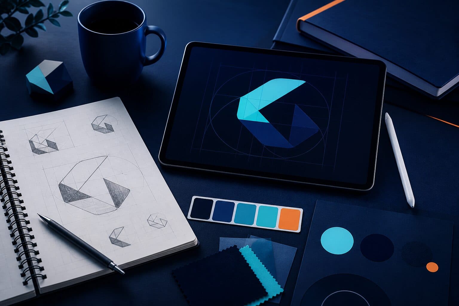 Illustration : atelier identité visuelle avec croquis de logo et nuances de couleur