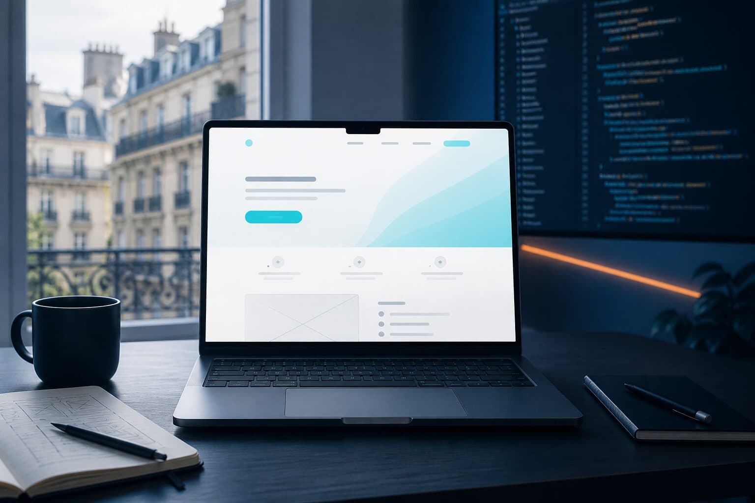 Illustration : ordinateur affichant une maquette de landing page SaaS