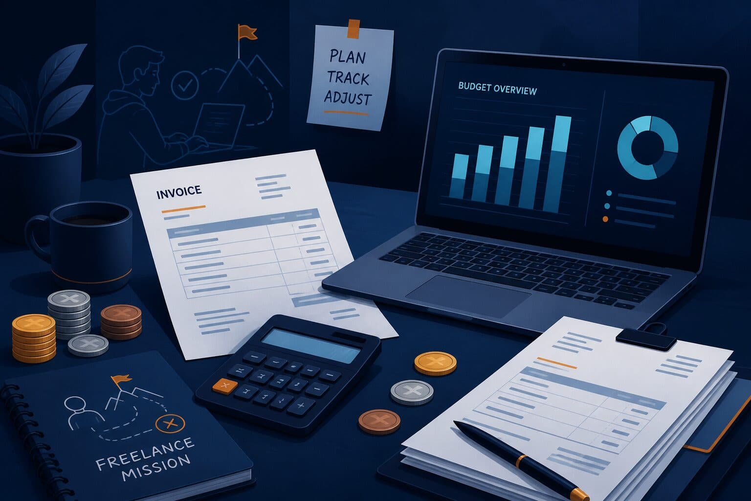 Illustration : estimation de budget pour une mission digitale (calculatrice, graphiques)