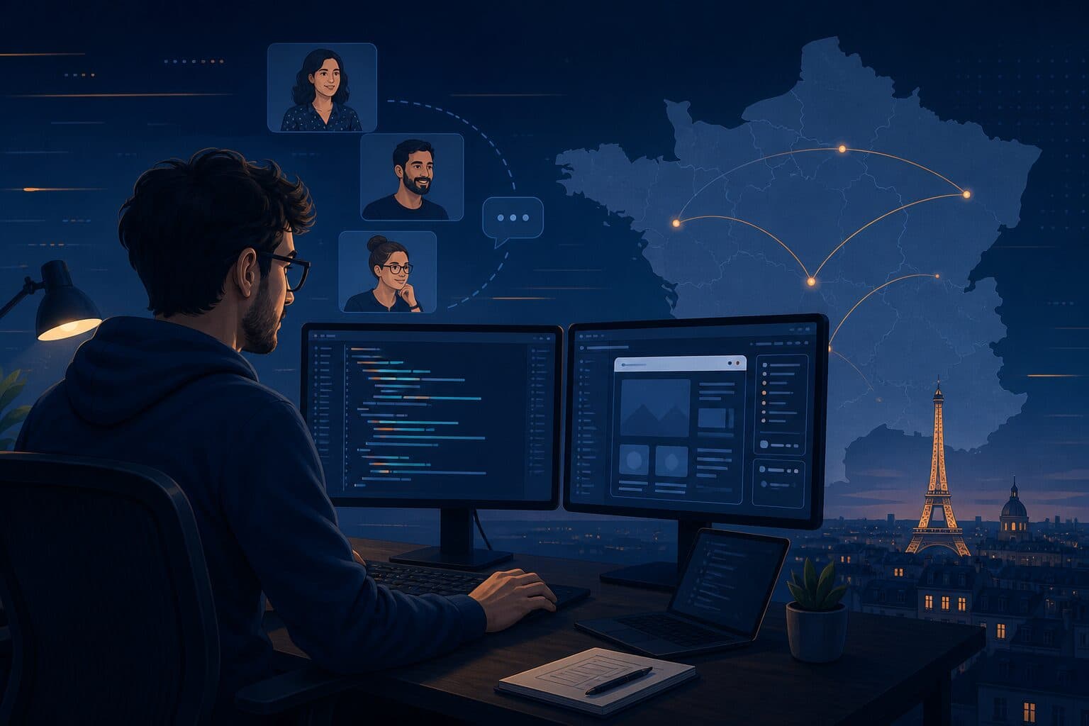 Illustration : développeur freelance devant ses écrans, silhouette de la France en arrière-plan
